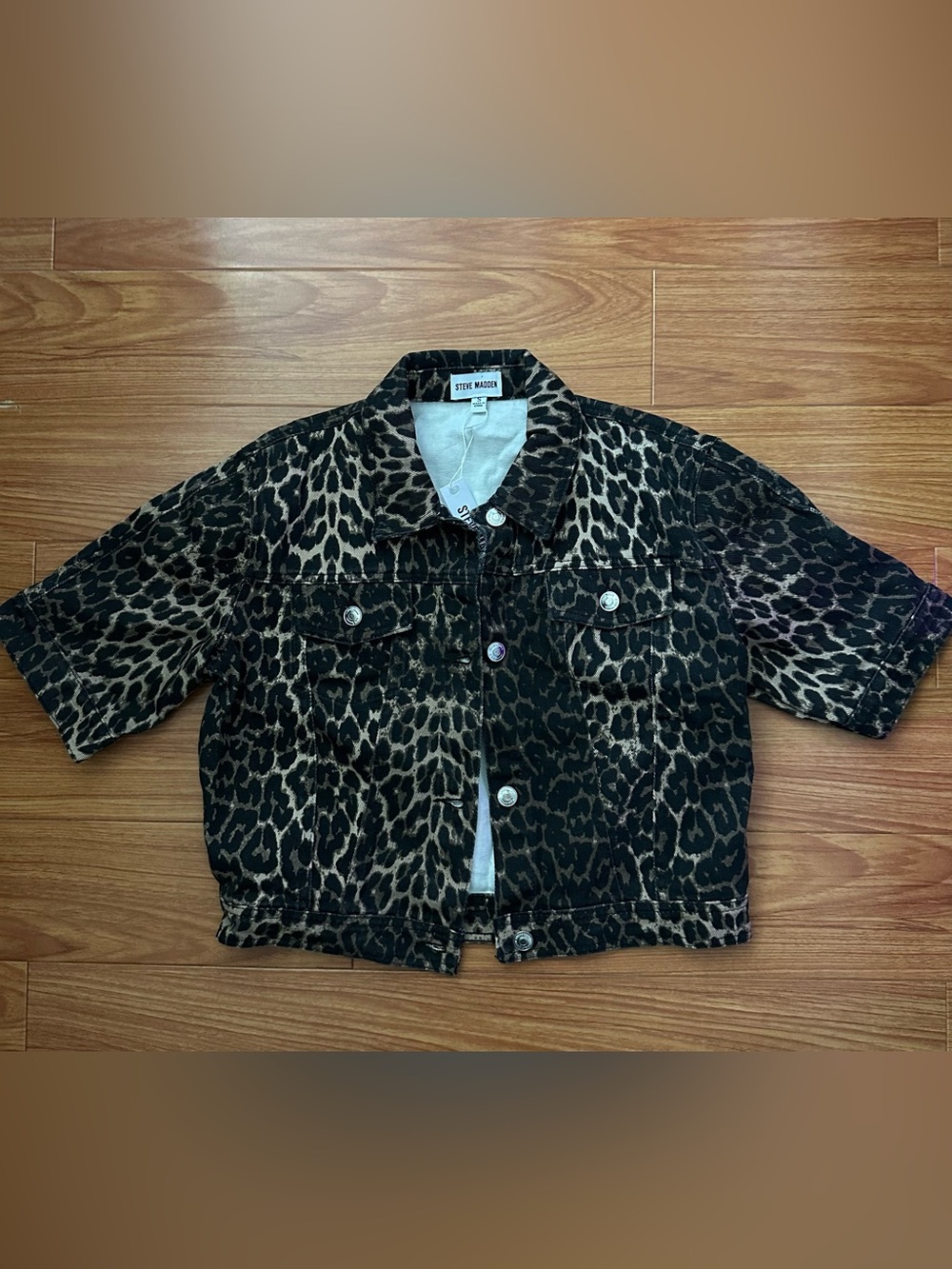 Steve Madden Leopard Print Short Sleeve Denim Jacket - Black & Brown